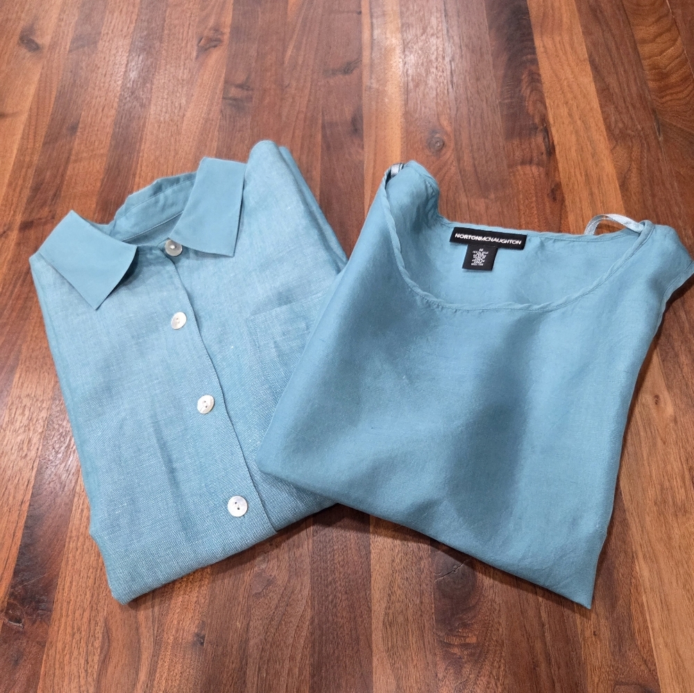 Norton McNaughton Linen Silk Blend Button Front Shirt Tank Set Medium
